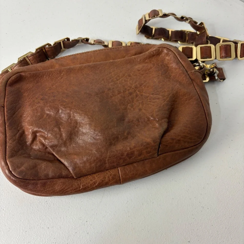 Vtg Tory Burch Amanda Brown Distressed Leather Crossbody Bag Zip Top Chain Strap